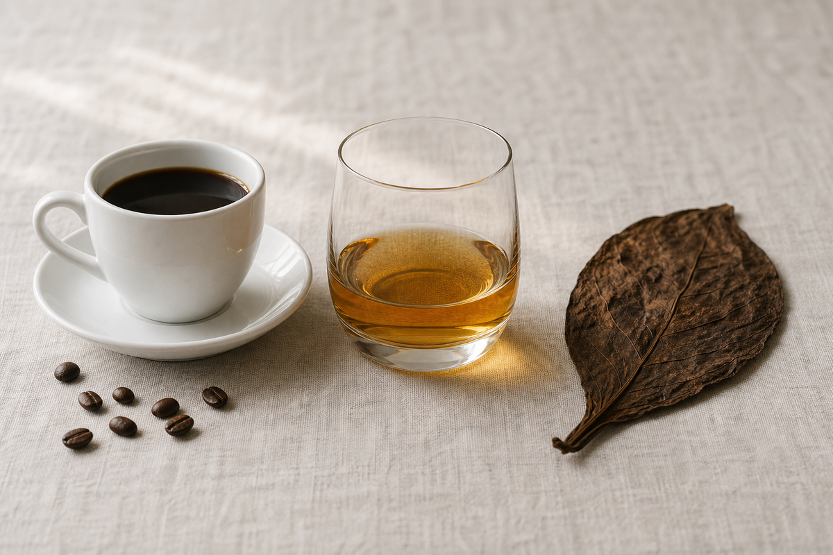 白いカップのブラックコーヒー、琥珀色のウイスキーが入ったグラス、乾いたたばこの葉を横一列に並べた写真