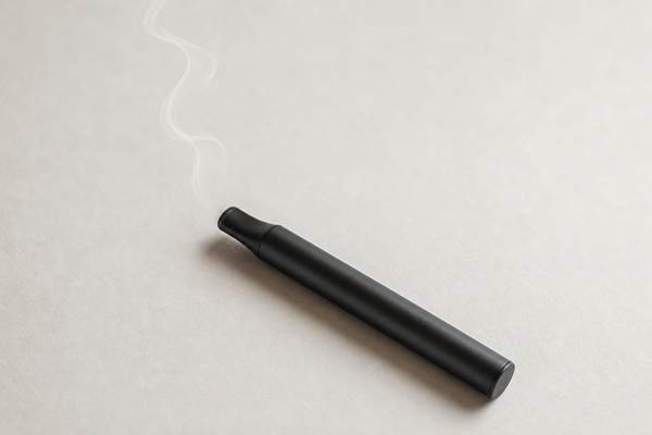 白い紙の上に置かれた細身の黒いVAPEデバイスと、立ちのぼる細い蒸気
